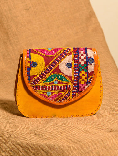 Handcrafted Jawaja Leather Bag with Hand Embroidered Patch