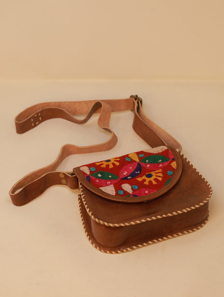 Handcrafted Jawaja Leather Bag with Hand Embroidered Patch - LVC2S
