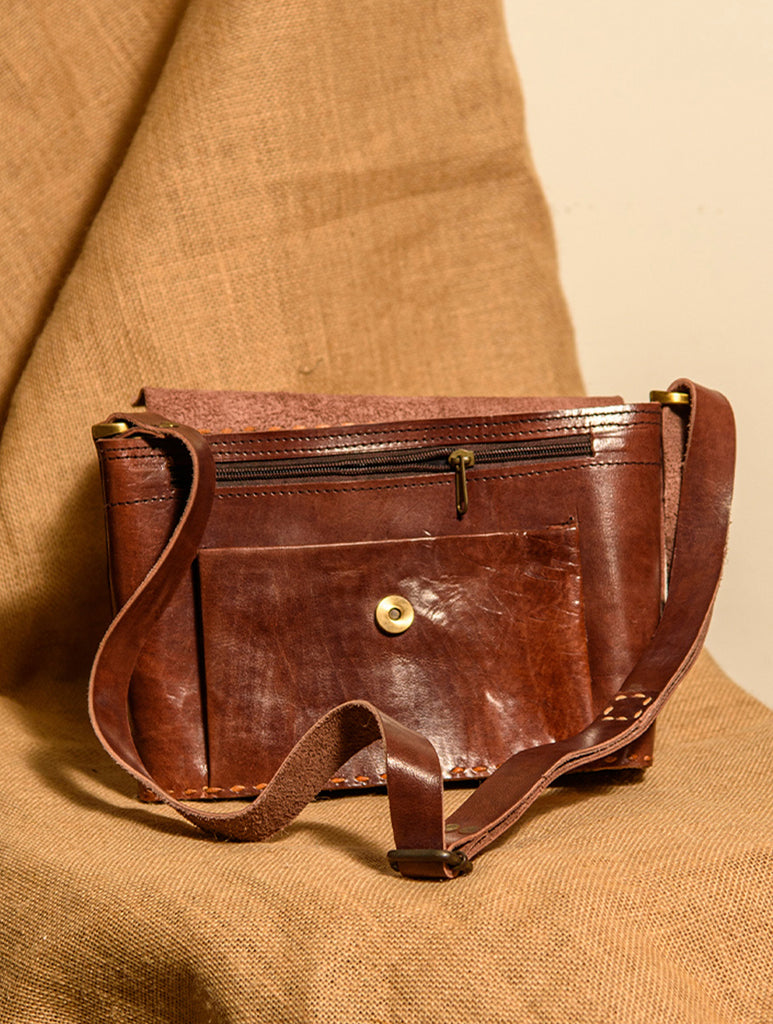 Handcrafted Jawaja Leather Bag with Hand Stitch Detail