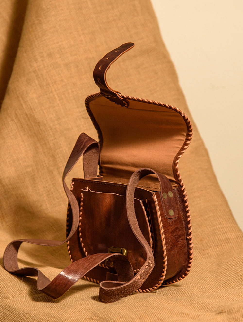 Handcrafted Jawaja Leather Bag with Hand Stitch Detail