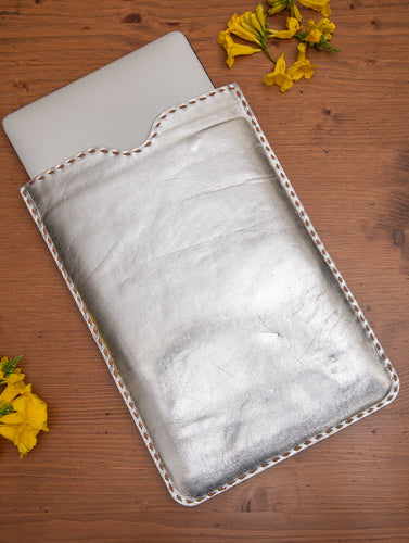 Handcrafted Jawaja Leather Craft Laptop Sleeve with Hand Stitch Detail - Silver