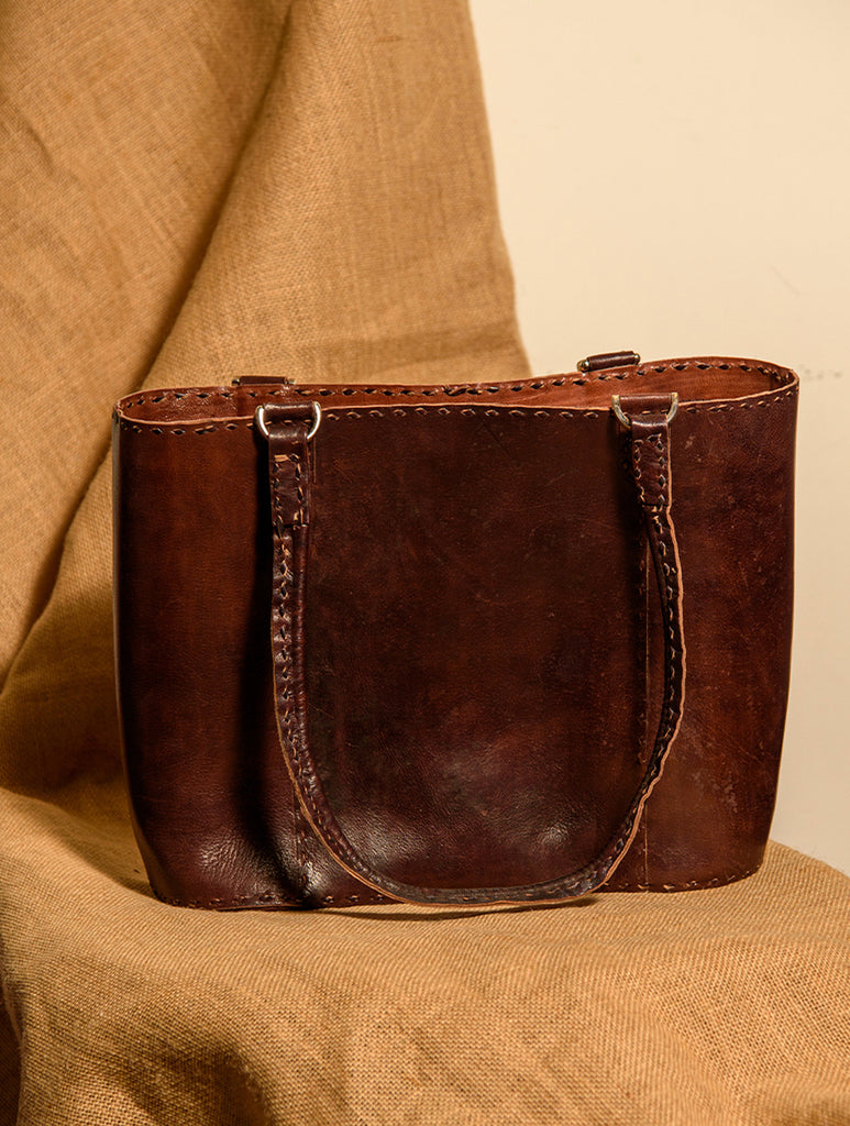Handcrafted Jawaja Leather Tote Bag with Front Pocket