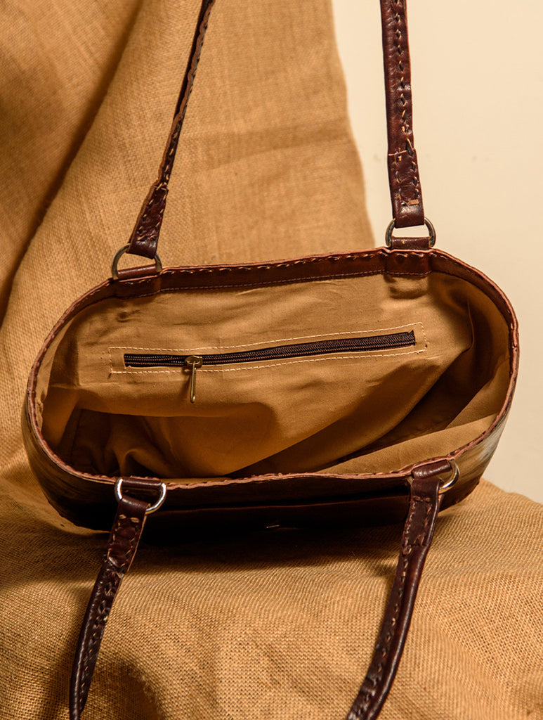 Handcrafted Jawaja Leather Tote Bag with Front Pocket