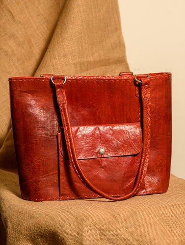 Handcrafted Jawaja Leather Tote Bag with Front Pocket