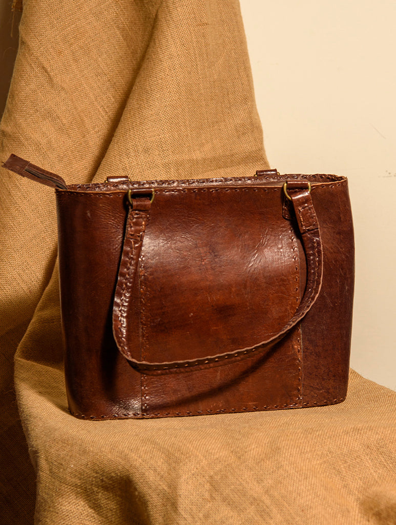 Handcrafted Jawaja Leather Tote Bag with Hand Stitch Detail