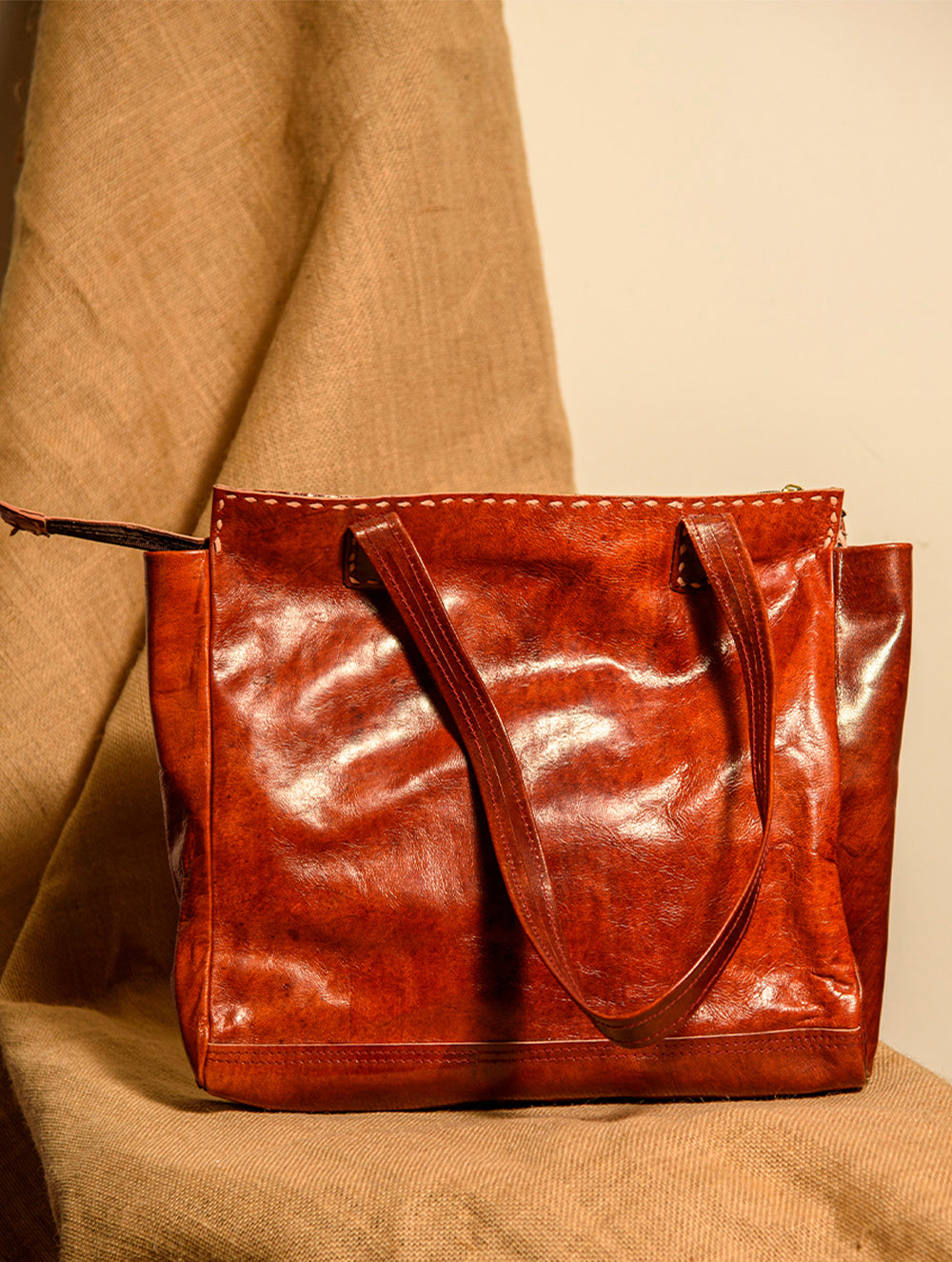Handcrafted Jawaja Leather Tote Bag with Patchwork