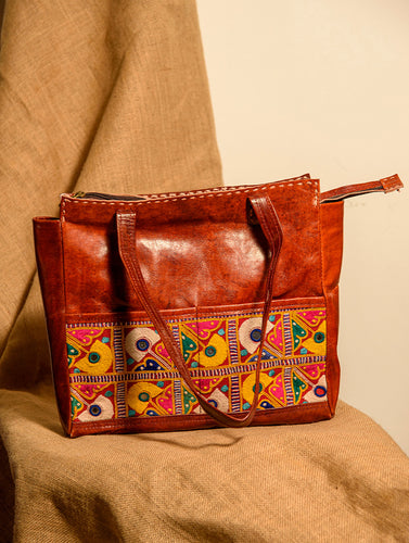 Handcrafted Jawaja Leather Tote Bag with Patchwork