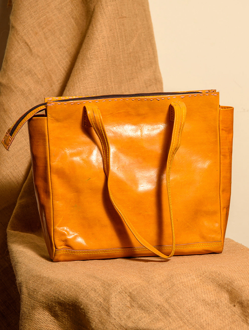 Handcrafted Jawaja Leather Tote Bag with Patchwork