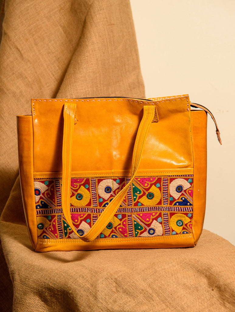 Handcrafted Jawaja Leather Tote Bag with Patchwork