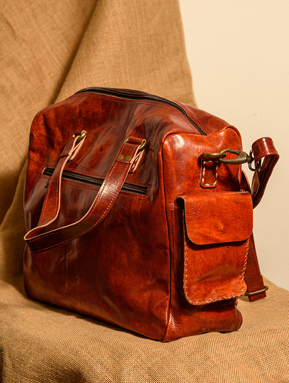 Handcrafted Jawaja Leather Tote / Laptop / Utility Bag with Hand Stitch Detail