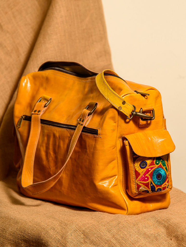 Handcrafted Jawaja Leather Tote / Laptop / Utility Bag with Patchwork