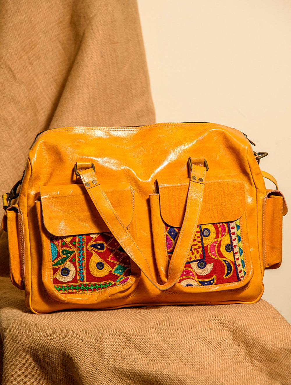 Load image into Gallery viewer, Handcrafted Jawaja Leather Tote / Laptop / Utility Bag with Patchwork