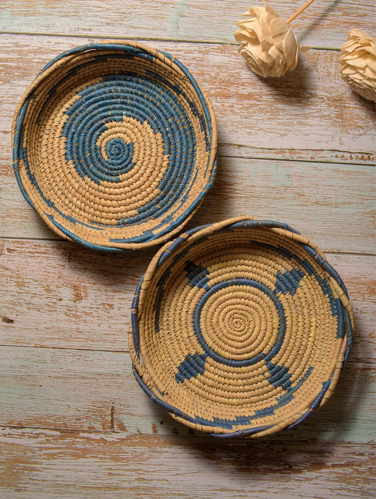 Handcrafted Khajur & Sabai Utility Baskets - Blue & Beige (Set of 2)