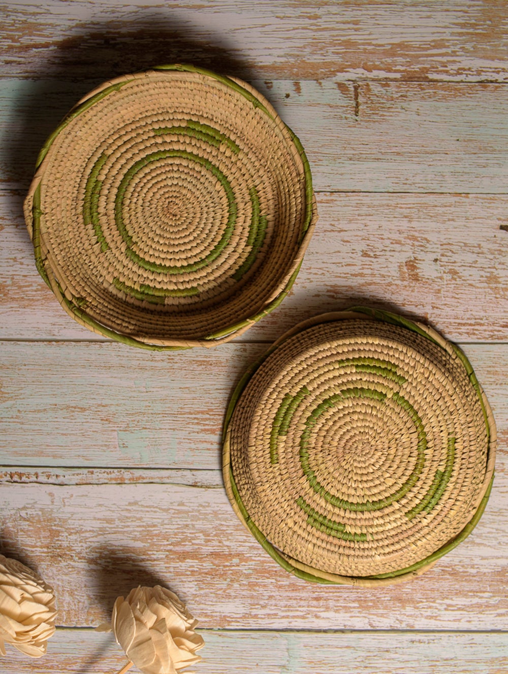 Load image into Gallery viewer, Handcrafted Khajur &amp; Sabai Utility Baskets - Green &amp; Beige (Set of 2)