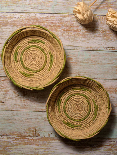 Handcrafted Khajur & Sabai Utility Baskets - Green & Beige (Set of 2)