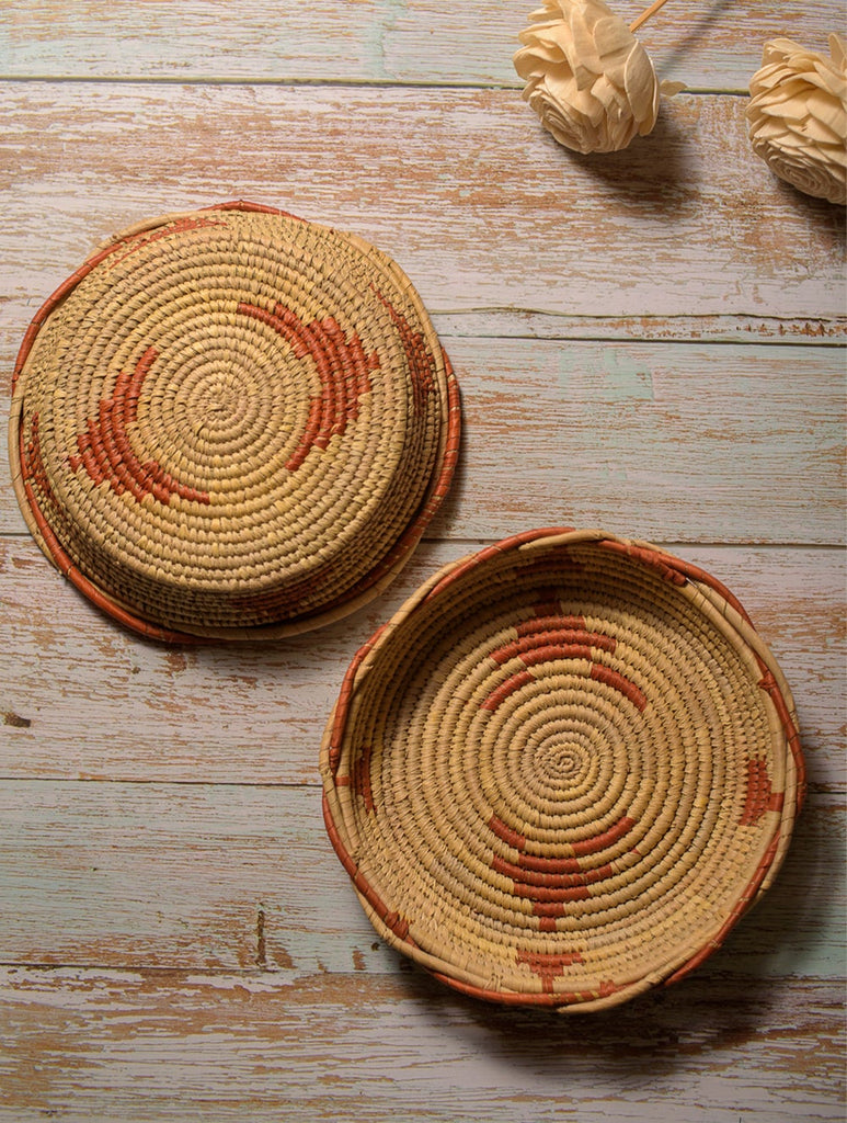 Handcrafted Khajur & Sabai Utility Baskets - Rust & Beige (Set of 2)