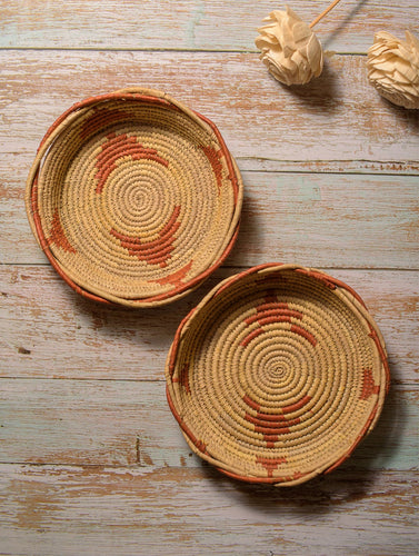 Handcrafted Khajur & Sabai Utility Baskets - Rust & Beige (Set of 2)