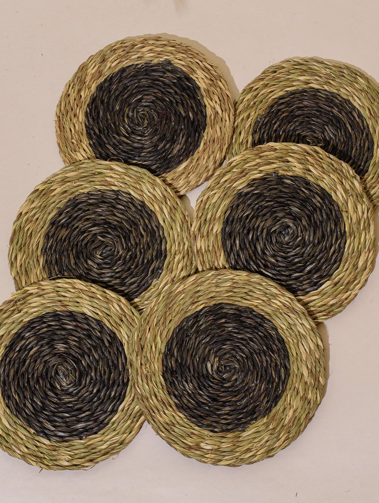 Handcrafted Sabai Grass Coasters - Dull Purple & Beige (Large, Set of 6)