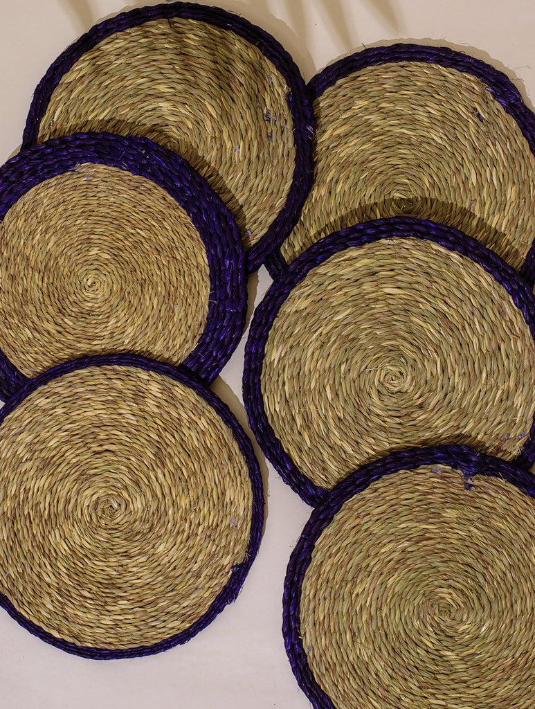 Handcrafted Sabai Grass Coasters - Peacock Blue & Beige (Large, Set of 6)