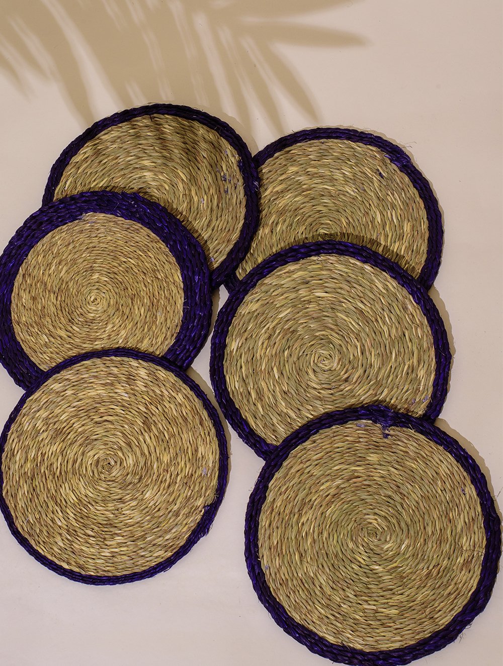 Load image into Gallery viewer, Handcrafted Sabai Grass Coasters - Peacock Blue &amp; Beige (Large, Set of 6)