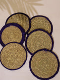Handcrafted Sabai Grass Coasters - Peacock Blue & Beige (Large, Set of 6)