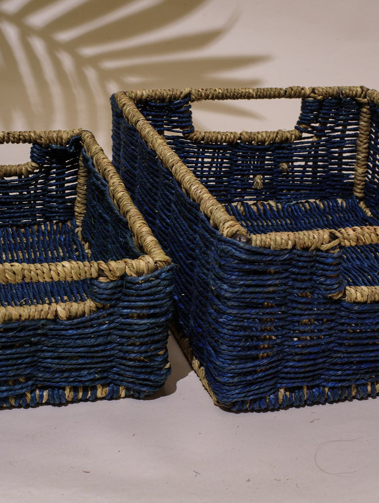 Handcrafted Sabai Grass Multi-Utility Basket - Deep Blue (Set of 2)
