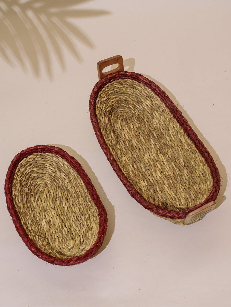 Handcrafted Sabai Grass Multi-Utility Basket - Red & Beige (Set)