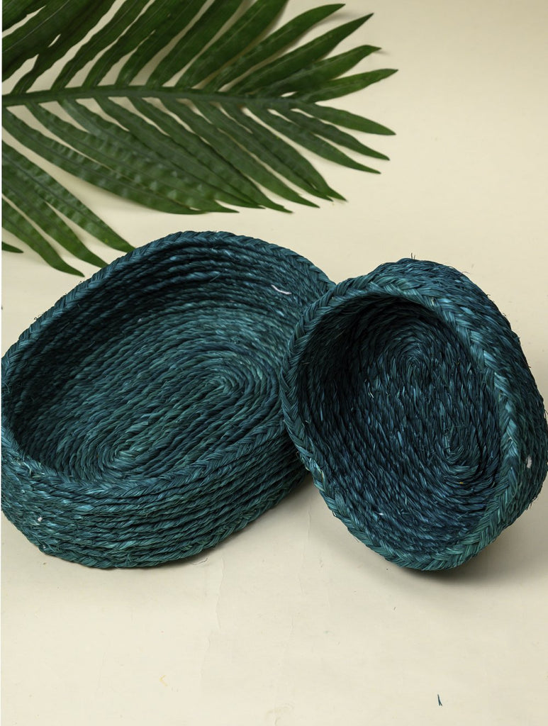 Handcrafted Sabai Grass Multi-Utility Baskets - Dark Teal Blue (Set of 2)