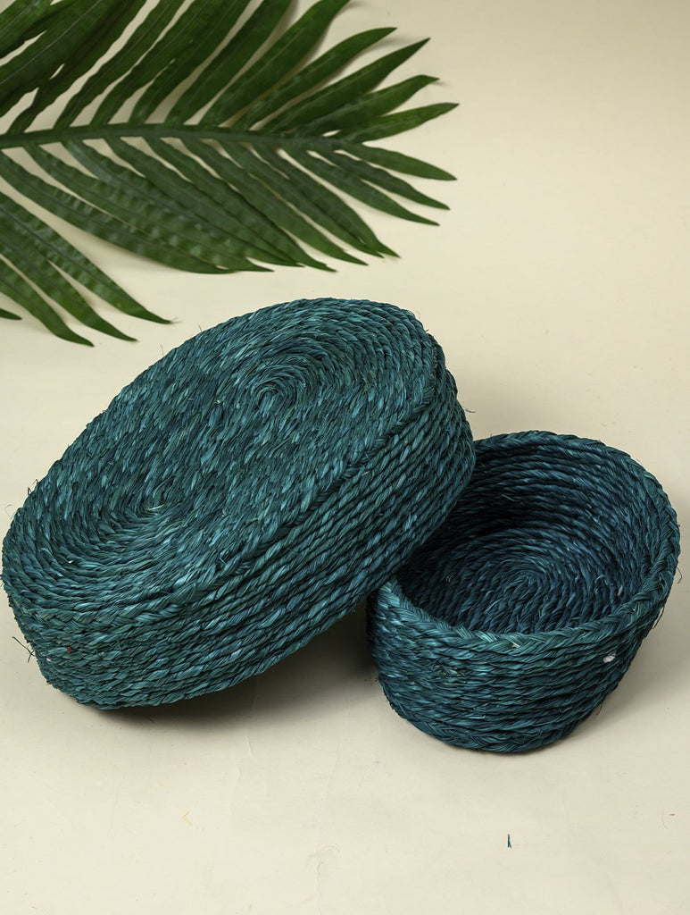 Handcrafted Sabai Grass Multi-Utility Baskets - Dark Teal Blue (Set of 2)