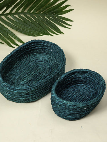 Handcrafted Sabai Grass Multi-Utility Baskets - Dark Teal Blue (Set of 2)