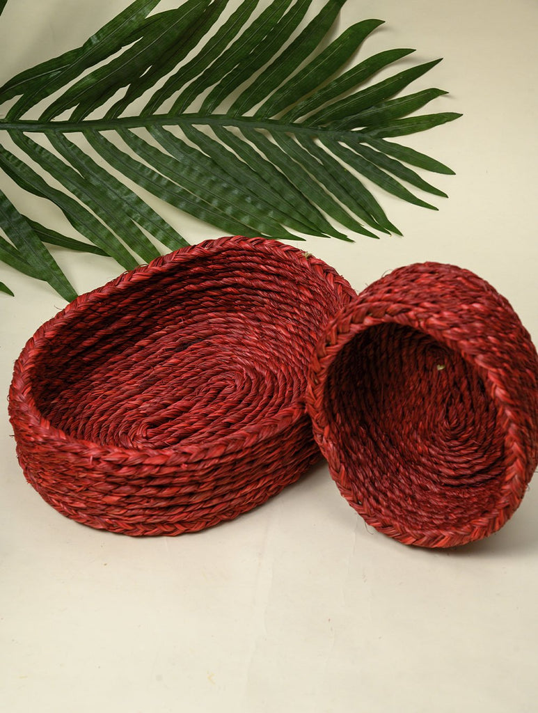 Handcrafted Sabai Grass Multi-Utility Baskets - Ruby Red (Set of 2)