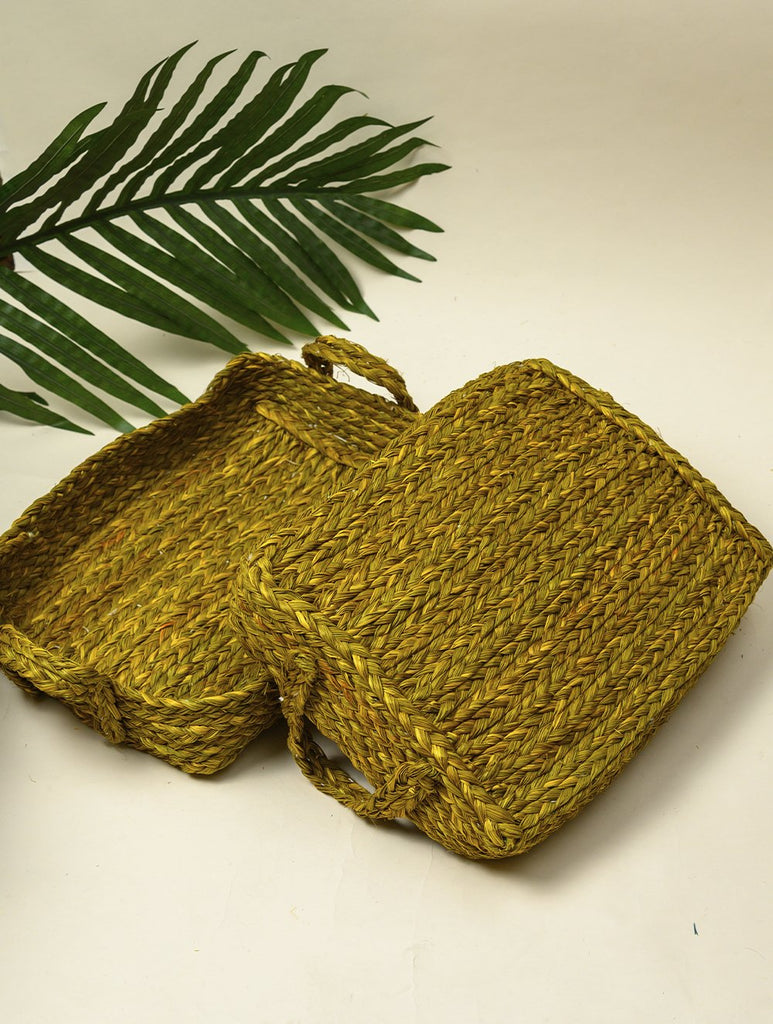 Handcrafted Sabai Grass Multi-Utility Tray - Pale Yellow (Set)