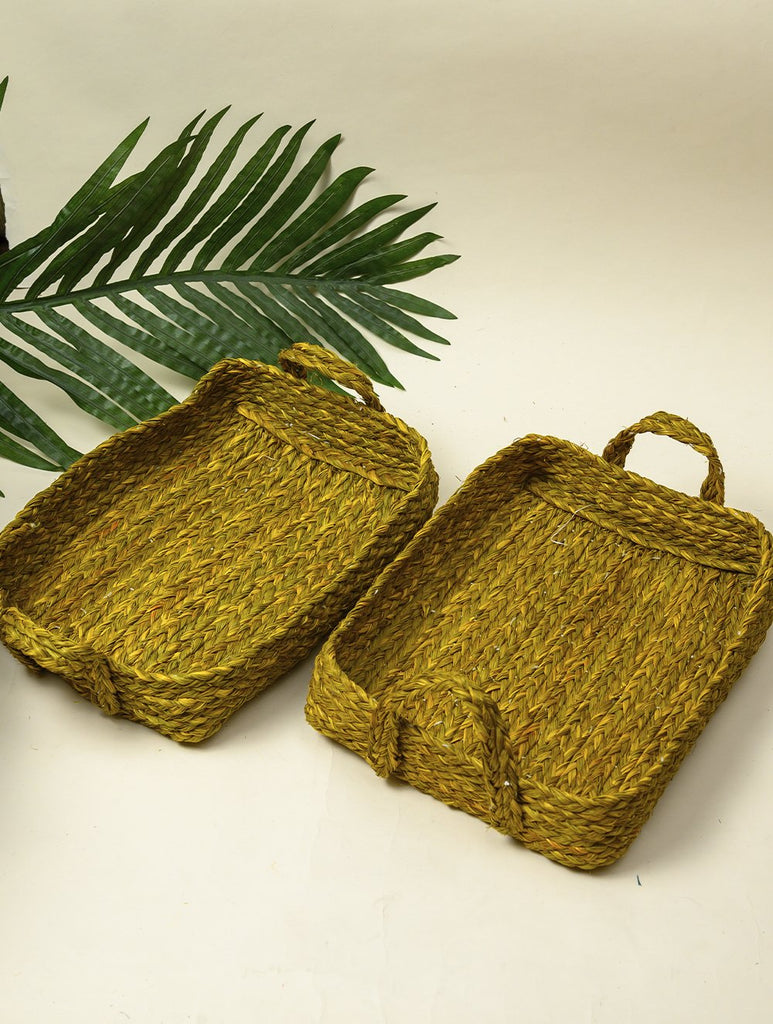 Handcrafted Sabai Grass Multi-Utility Tray - Pale Yellow (Set)