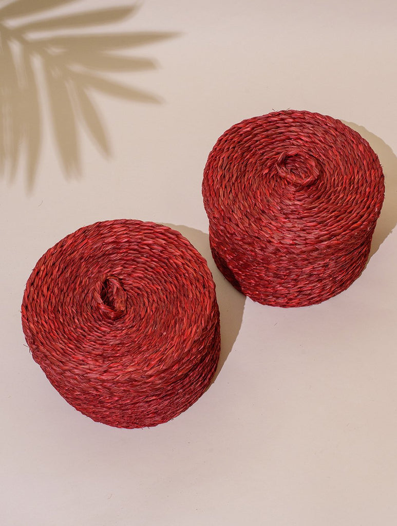 Handcrafted Sabai Grass Round Multi-Utility Basket with Lid - Attractive Red (Set of 2)