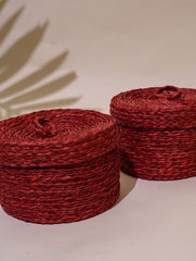 Handcrafted Sabai Grass Round Multi-Utility Basket with Lid - Attractive Red (Set of 2)