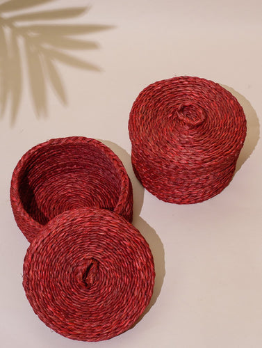 Handcrafted Sabai Grass Round Multi-Utility Basket with Lid - Attractive Red (Set of 2)