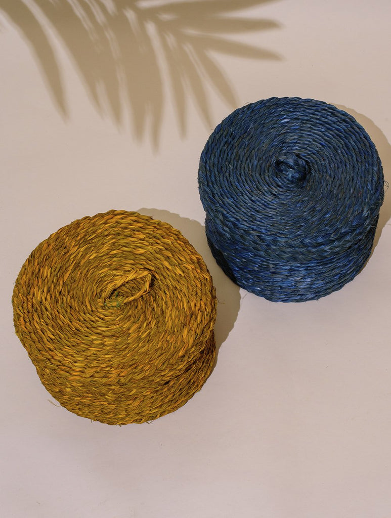Handcrafted Sabai Grass Round Multi-Utility Basket with Lid - Mustard & Royal Blue (Set of 2)