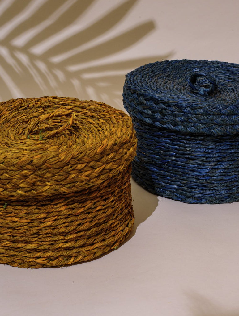 Handcrafted Sabai Grass Round Multi-Utility Basket with Lid - Mustard & Royal Blue (Set of 2)