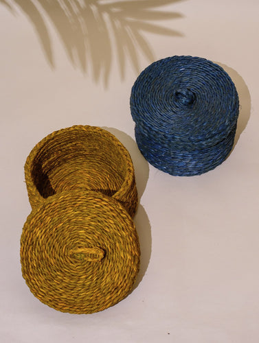 Handcrafted Sabai Grass Round Multi-Utility Basket with Lid - Mustard & Royal Blue (Set of 2)