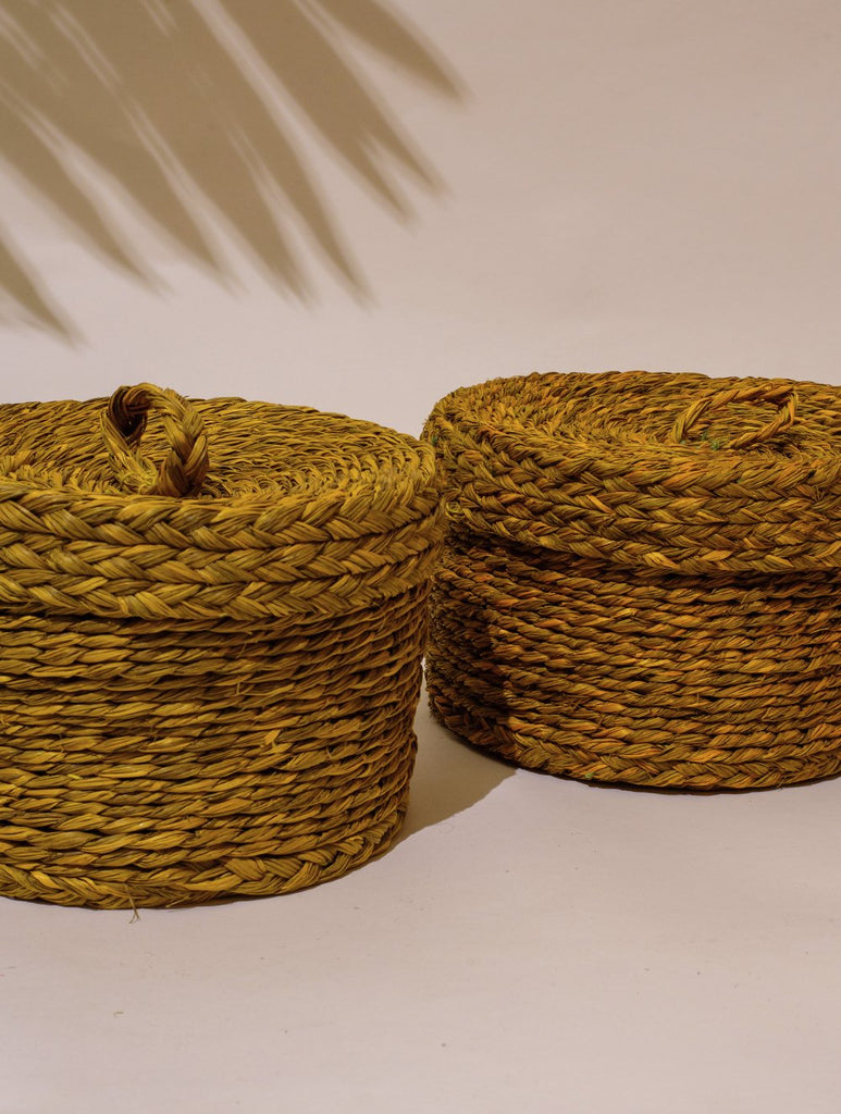 Handcrafted Sabai Grass Round Multi-Utility Basket with Lid - Mustard (Set of 2)