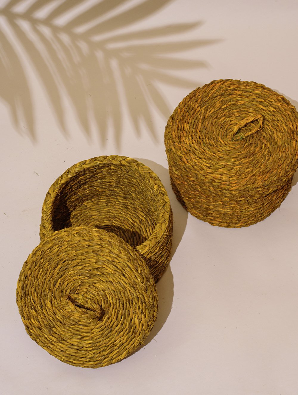 Load image into Gallery viewer, Handcrafted Sabai Grass Round Multi-Utility Basket with Lid - Mustard (Set of 2)