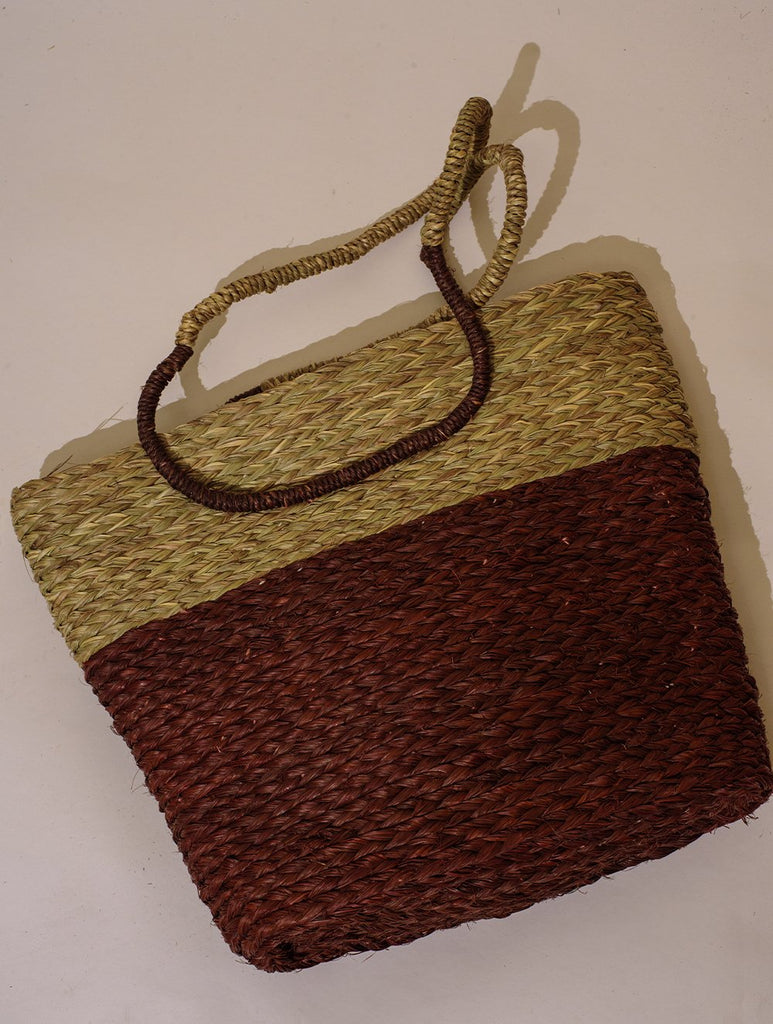 Handcrafted Sabai Grass Tote / Utility Bag - Chocolate Brown & Beige