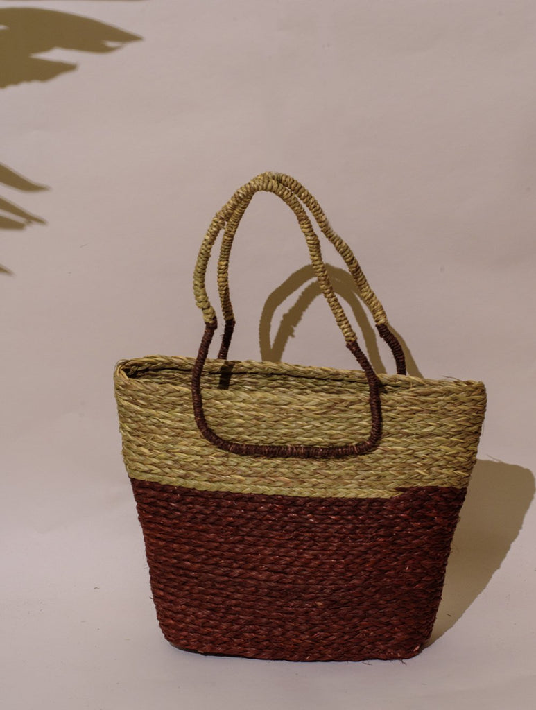 Handcrafted Sabai Grass Tote / Utility Bag - Chocolate Brown & Beige