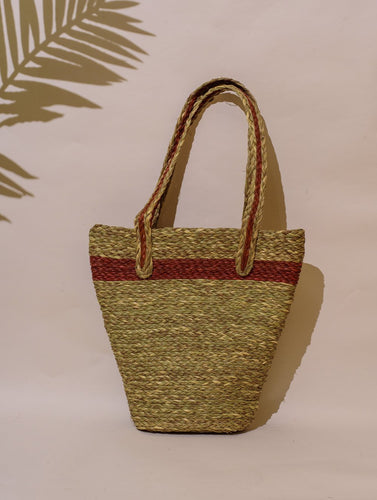 Handcrafted Sabai Grass Tote / Utility Bag - Coral Pink & Beige