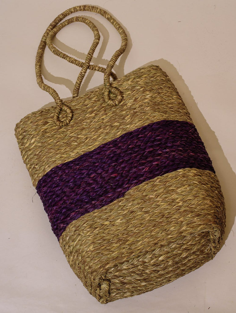 Handcrafted Sabai Grass Tote / Utility Bag - Purple & Beige