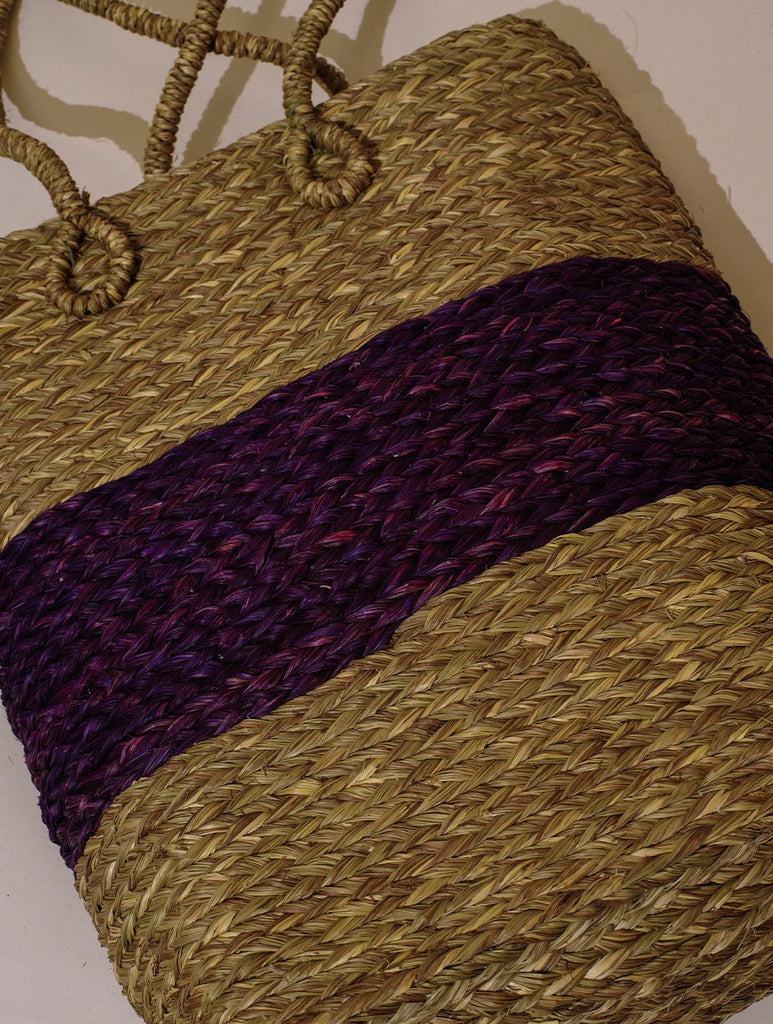 Handcrafted Sabai Grass Tote / Utility Bag - Purple & Beige