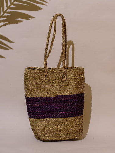 Handcrafted Sabai Grass Tote / Utility Bag - Purple & Beige