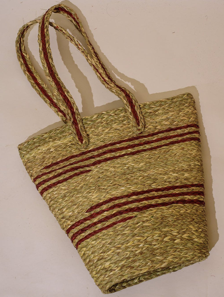 Handcrafted Sabai Grass Tote / Utility Bag - Red & Beige