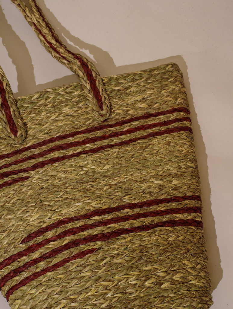 Handcrafted Sabai Grass Tote / Utility Bag - Red & Beige