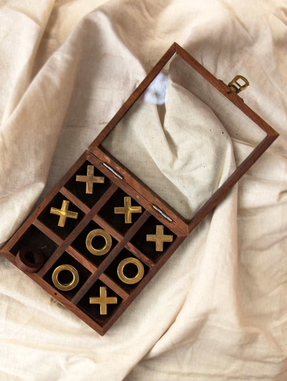 Handcrafted Wood & Brass Tic Tac Toe Game With Box